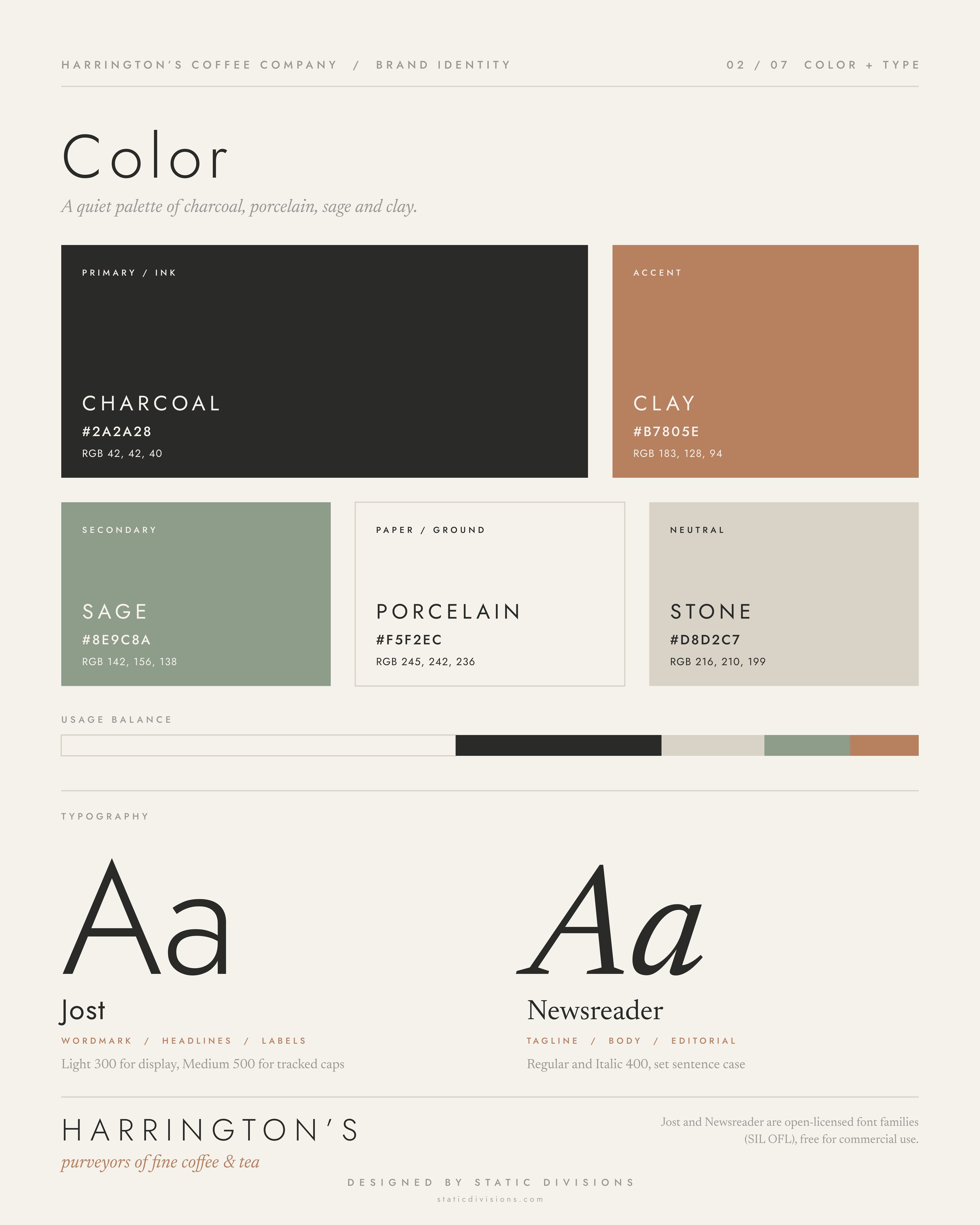 Harrington&rsquo;s Coffee Company brand identity board 2 of 7: Color and type