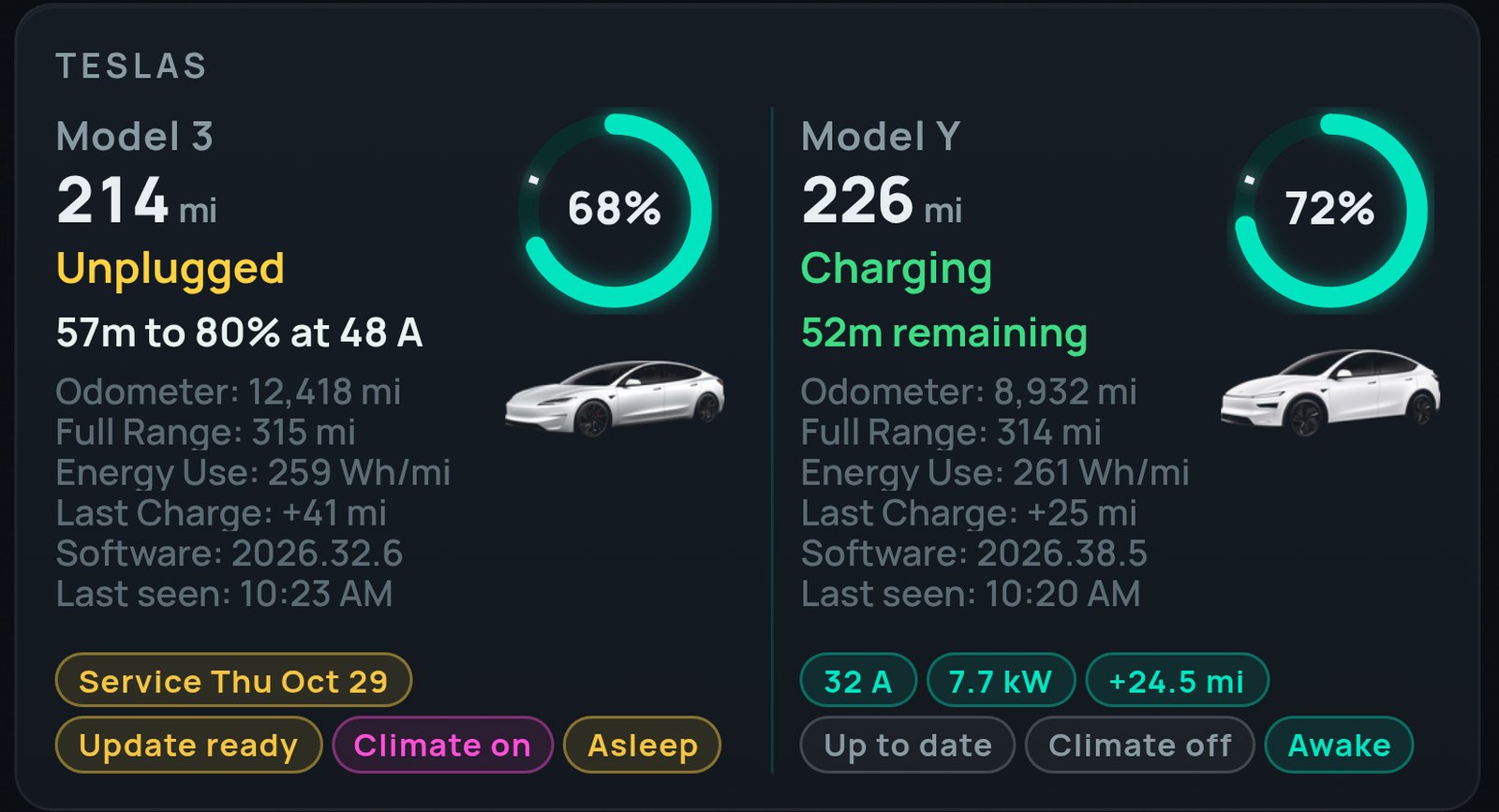 Car status panel showing two cars: range, charge state, software status and awake or asleep